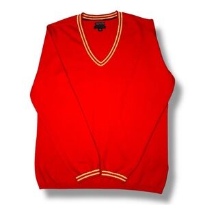 Tommy Hilfiger Red V-Neck Sweater with Gold Metallic Trim – Size XL